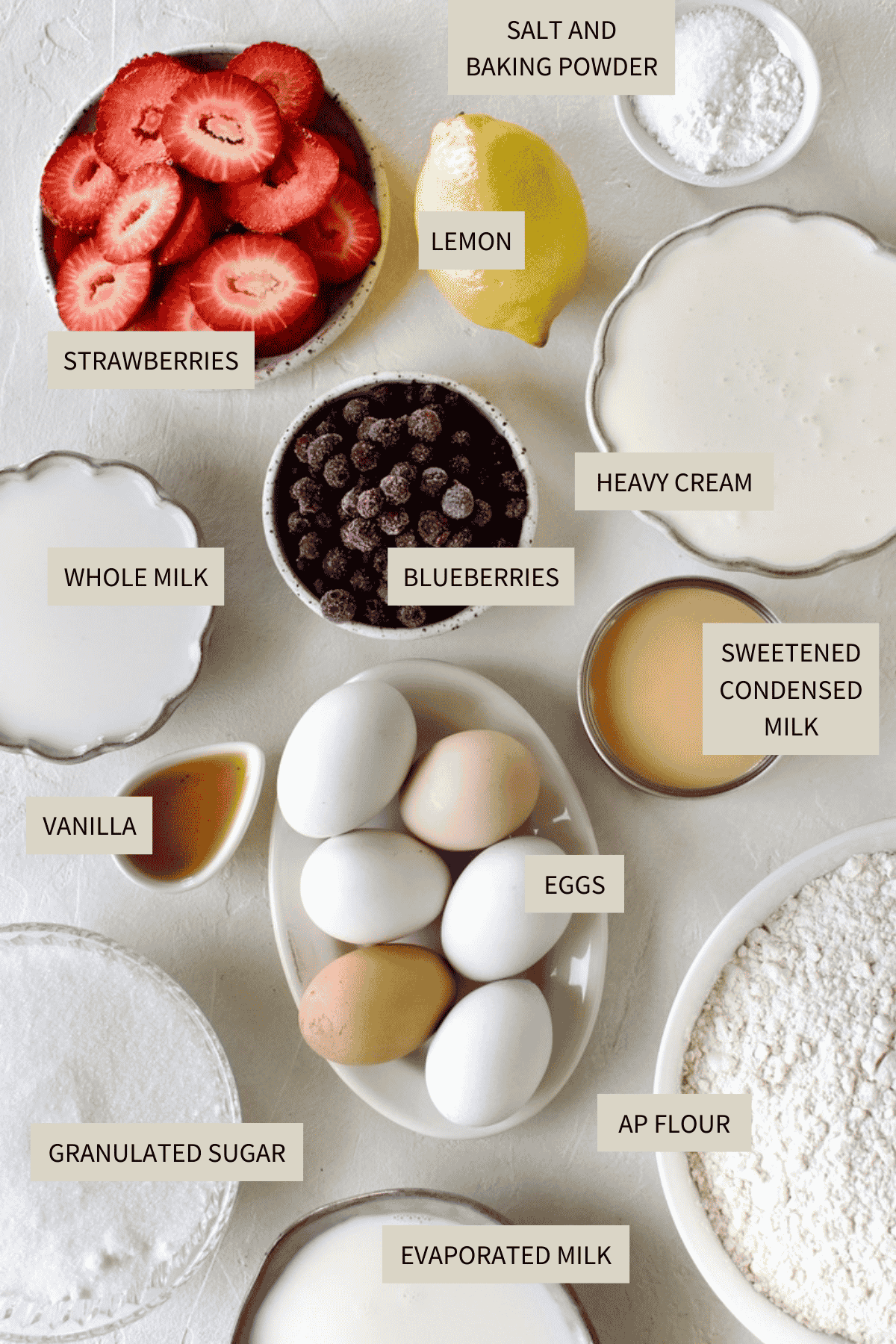 Ingredients needed to make Easy Tres Leches Cake.