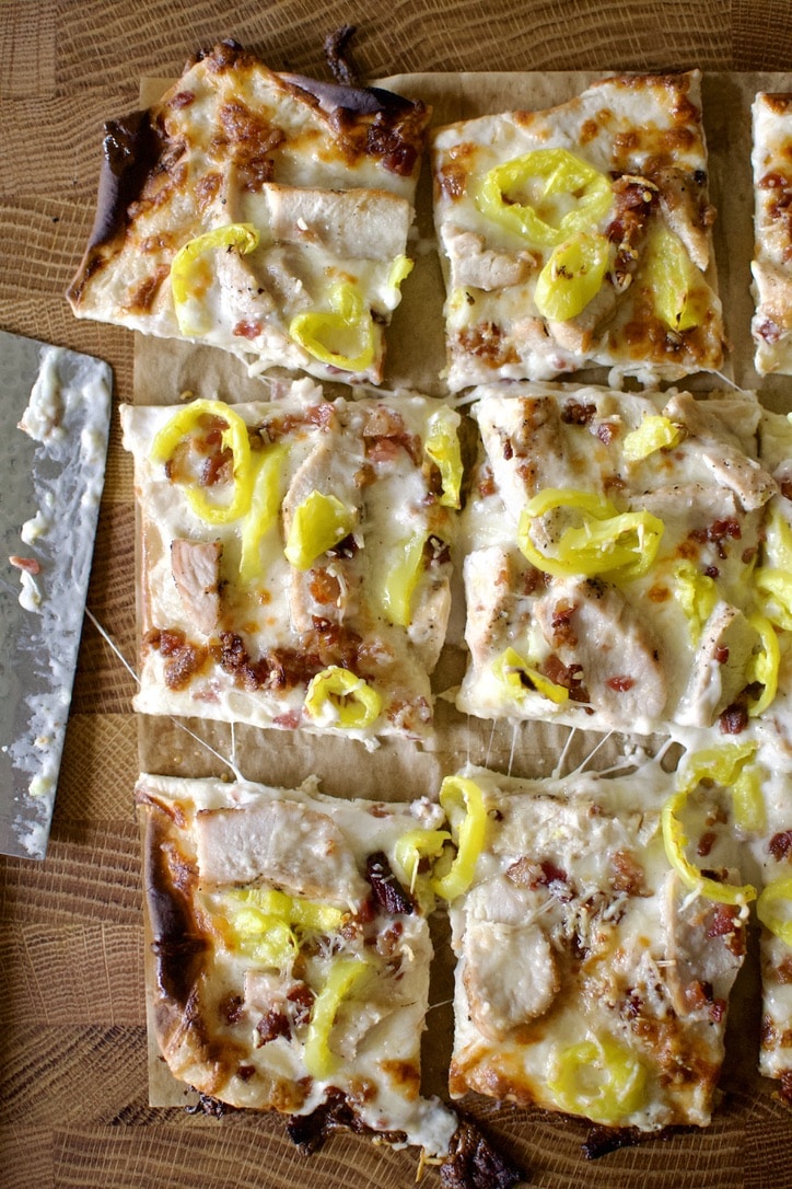 White Pizza Recipe fresh out of the oven and cut into pieces.