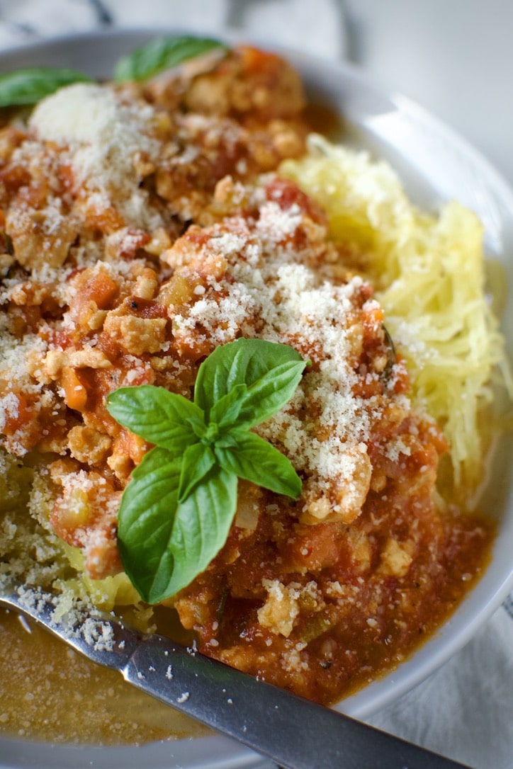 Chicken Ragu over Spaghetti Squash Nests on a plate ready to eat.