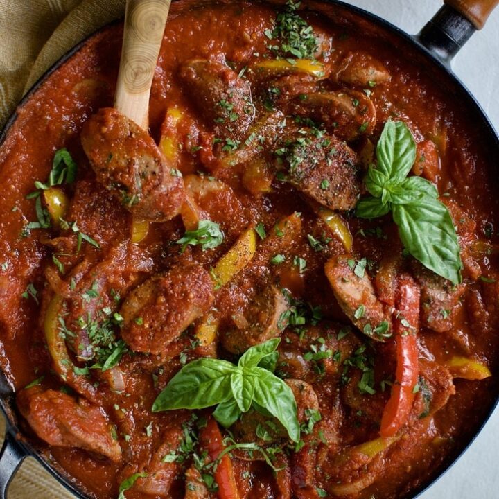 Italian Sausage and Peppers Recipe in the skillet ready to eat.