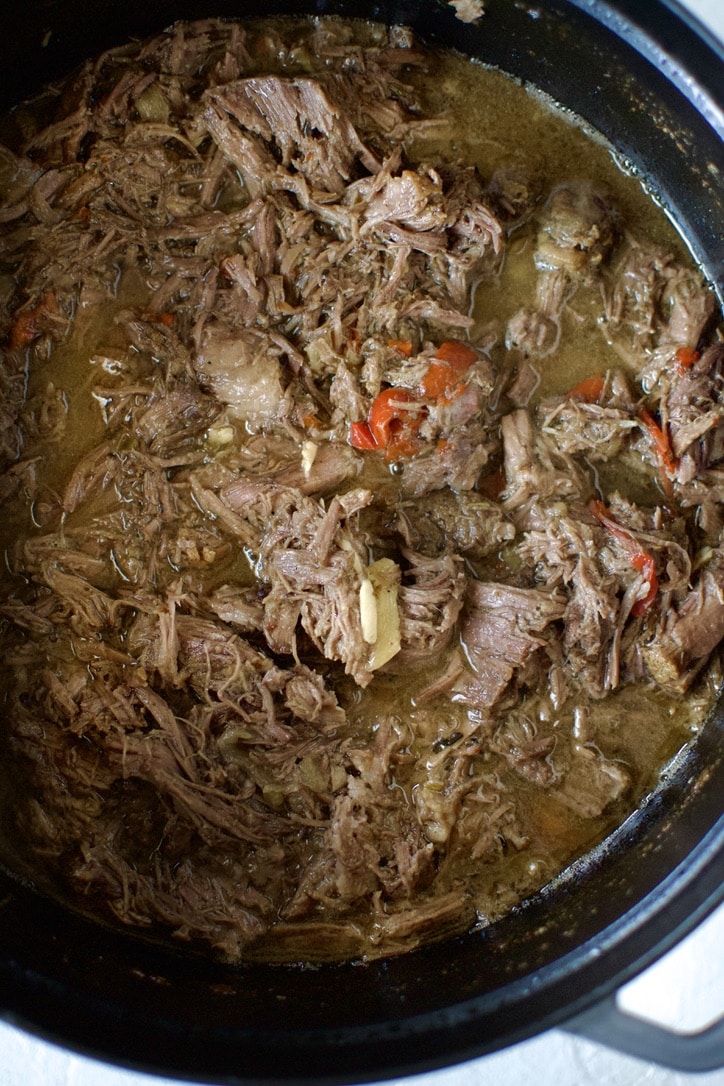 Shredded Italian Beef after adding back to the juices.