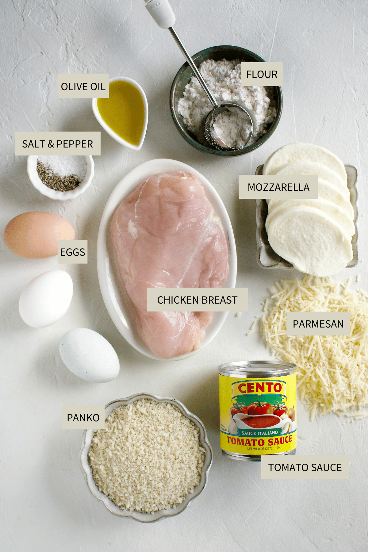 Ingredients needed to make Easy Chicken Parmesan.