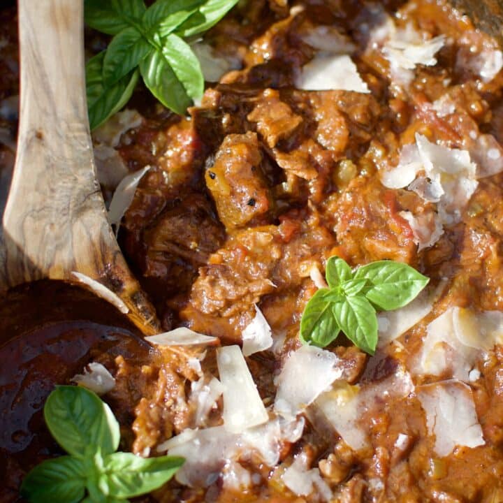 Finished Short Rib Bolognese sauce ready to be put on pasta or polenta.