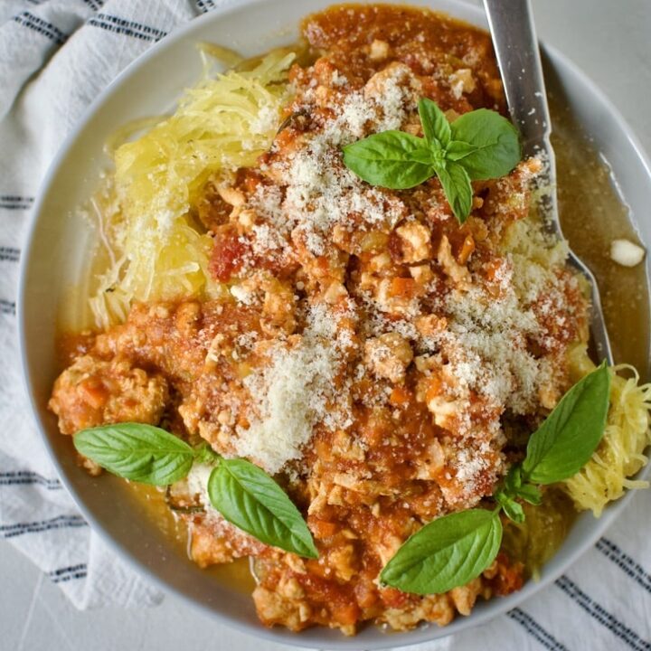 Chicken Ragu over Spaghetti Squash Nests on a plate ready to eat.