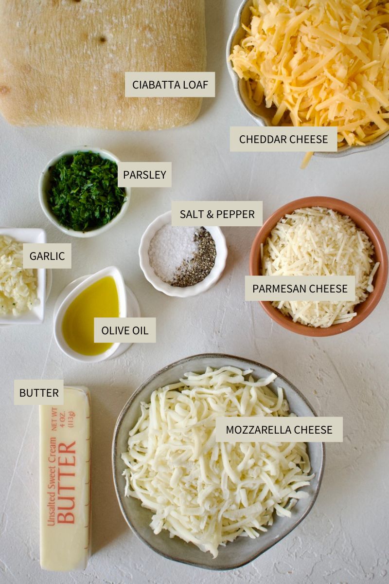 Ingredients needed to make Cheesy Garlic Bread.