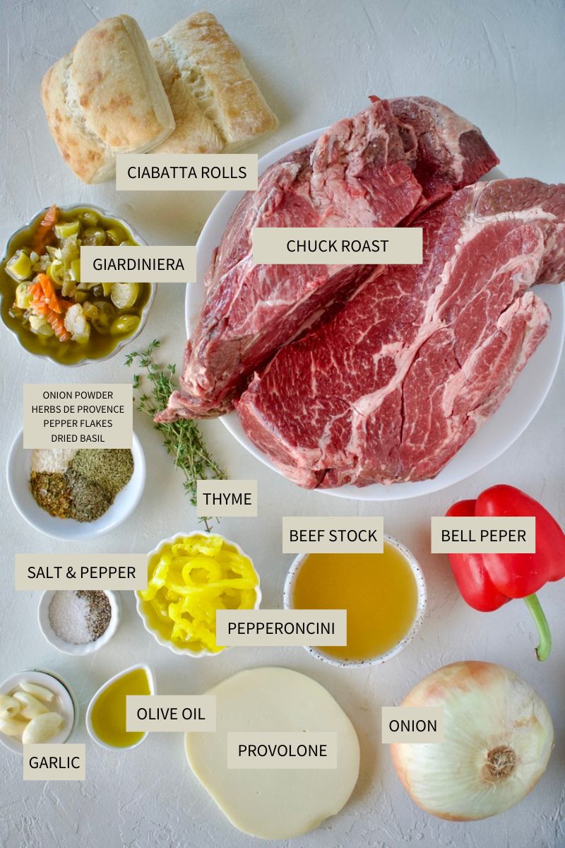 Ingredients needed to make Italian Beef Sandwiches Recipe.