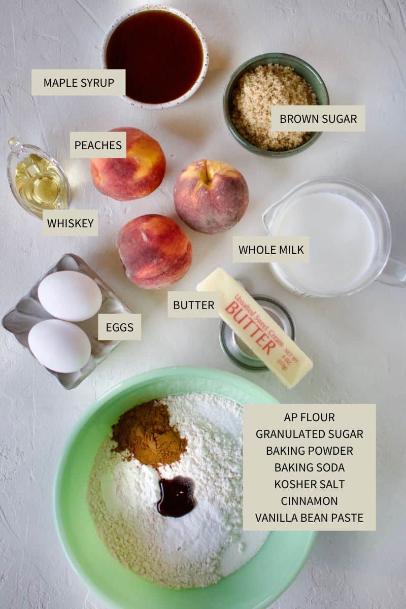 Ingredients needed to make Peach Pancakes.