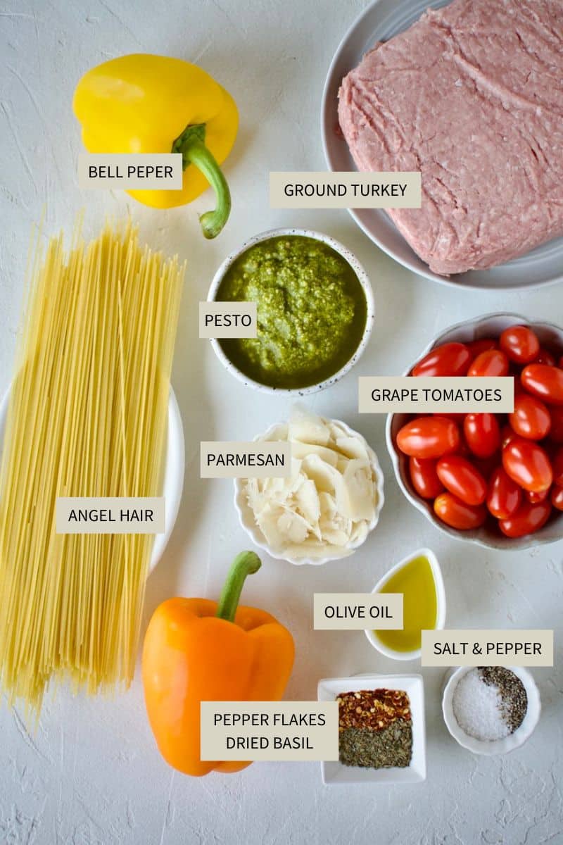 Ingredients needed to make Pesto Spaghetti.