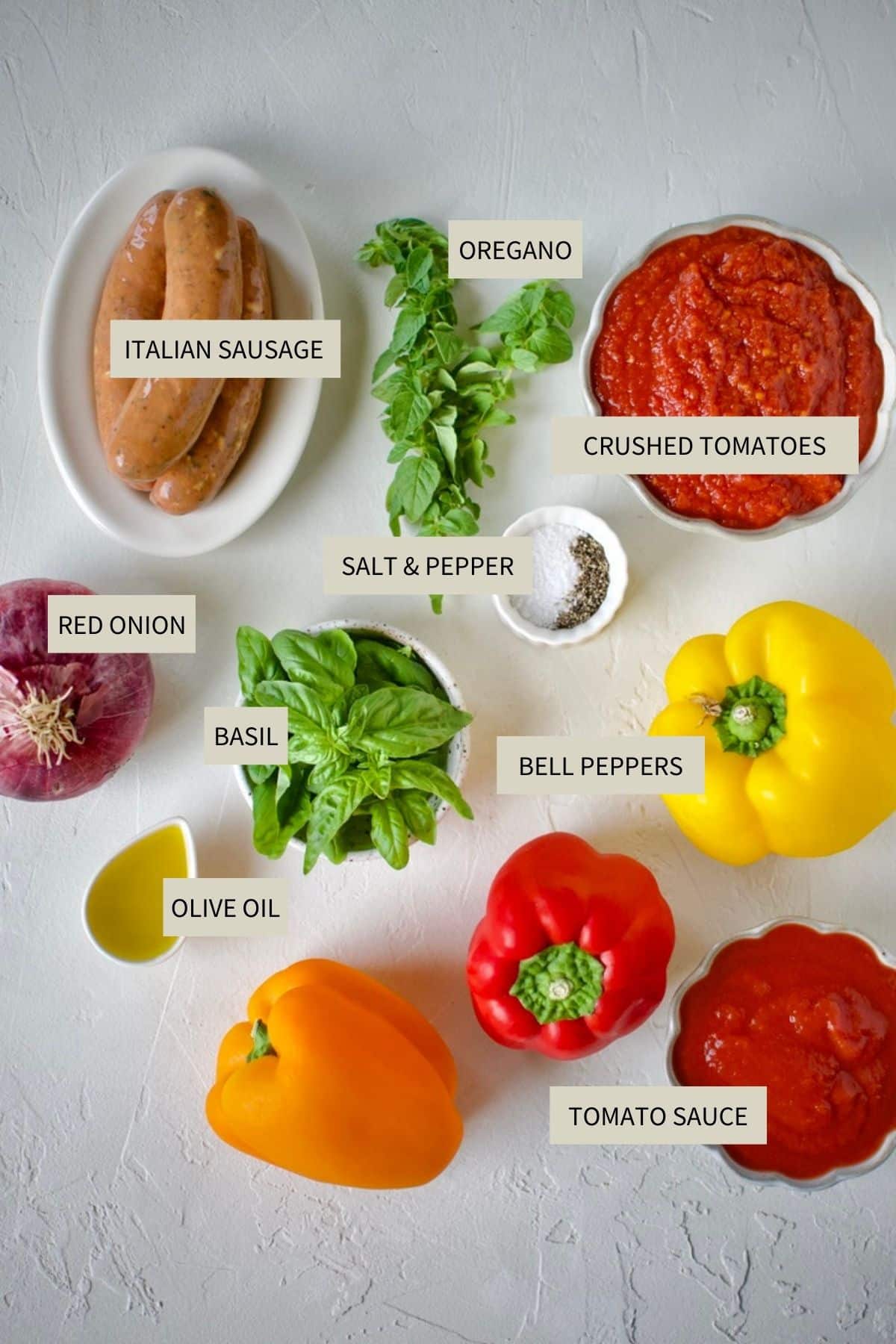 Ingredients needed to make Italian Sausage and Peppers Recipe.