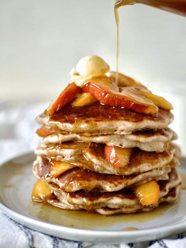 Fluffy Peach Pancakes with Peach Whiskey Syrup