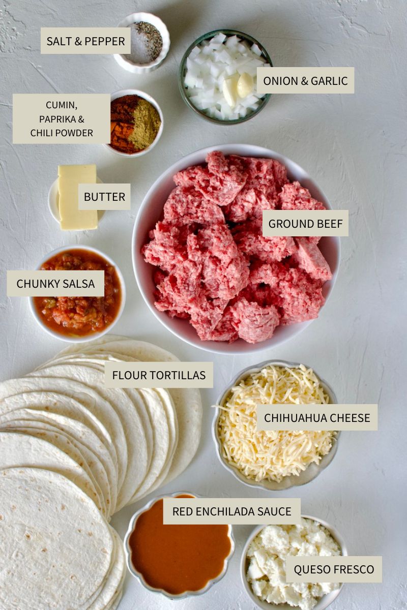Ingredients needed to make Ground Beef Enchiladas.