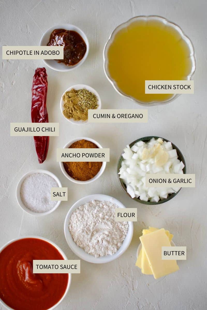 Ingredients needed to make Red Enchilada Sauce Recipe.