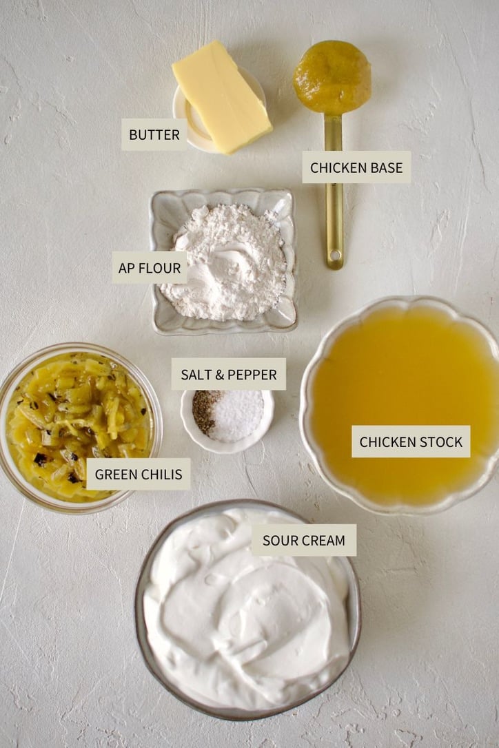 Ingredients needed to make Sour Cream Enchilada Sauce.