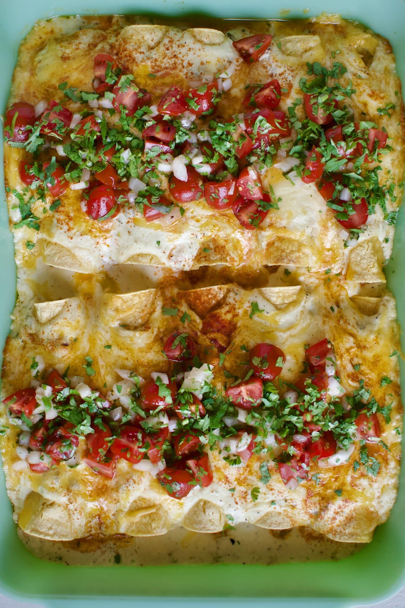 Chicken Enchiladas with Sour Cream Sauce after baking and topped with pico de gallo and cilantro.