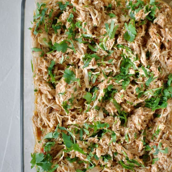 Mexican Shredded Chicken prepared and ready to use in a storage container.