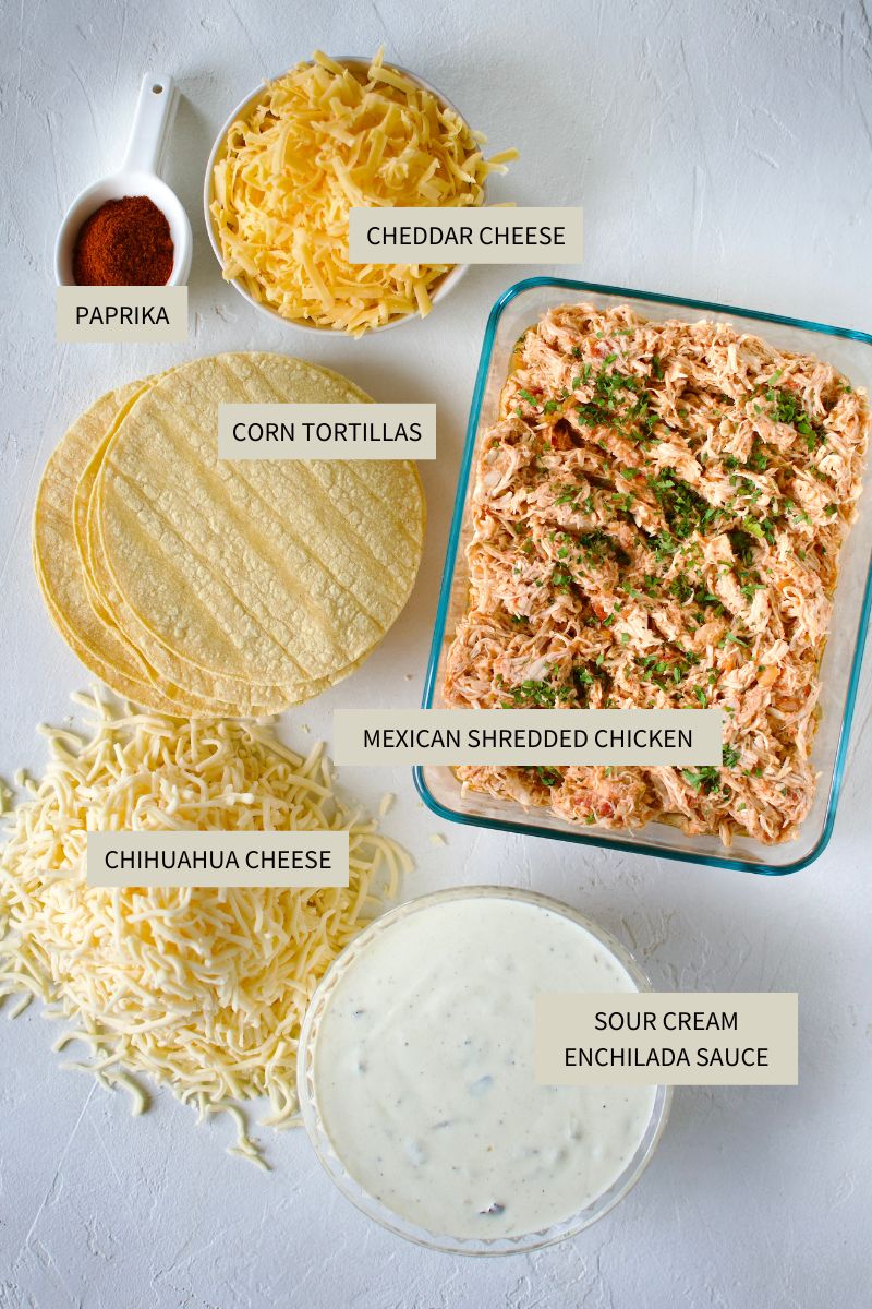 Ingredients needed to make Chicken Enchiladas with Sour Cream Sauce.