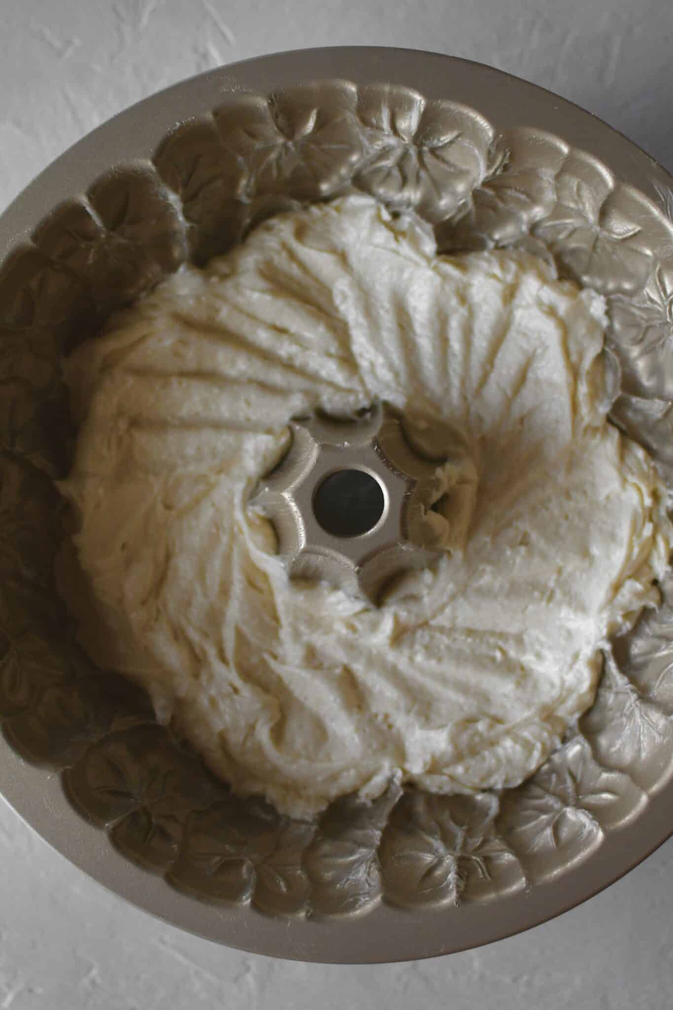 Layering the cake in the bundt pan, starting with the plain cake.