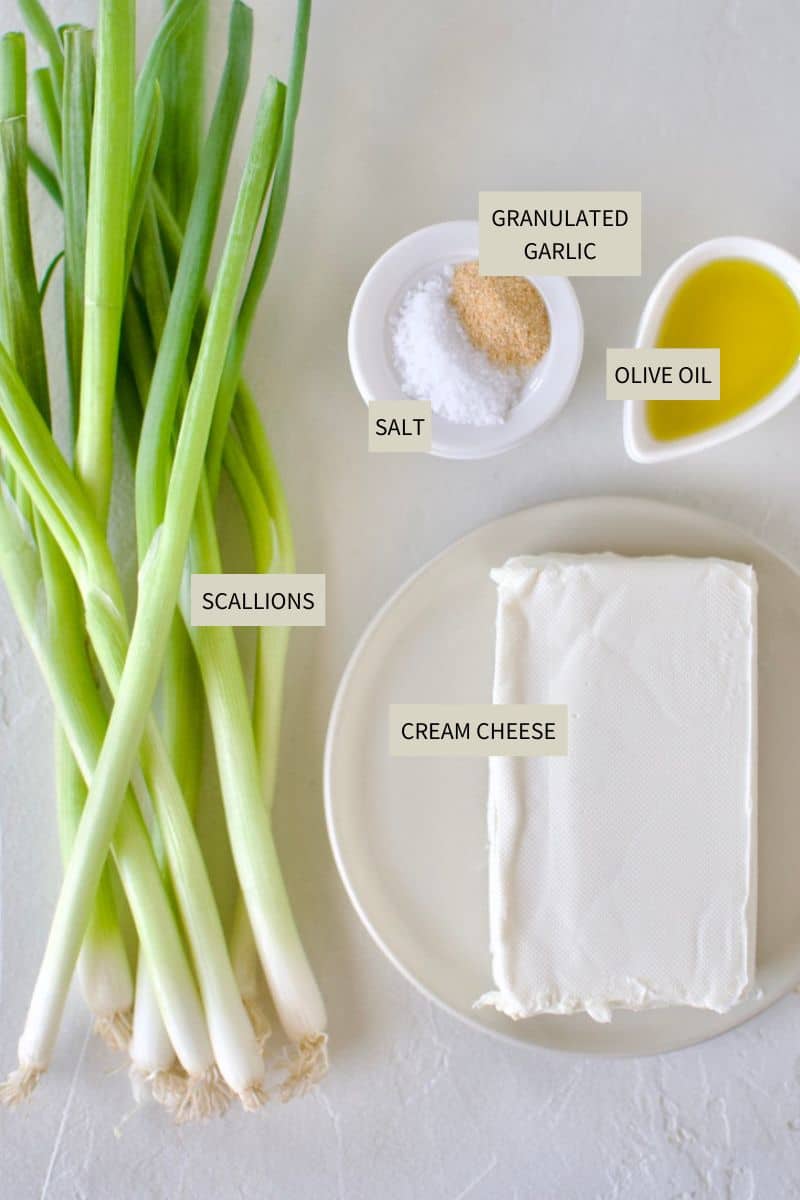 Ingredients needed to make Scallion Cream Cheese.