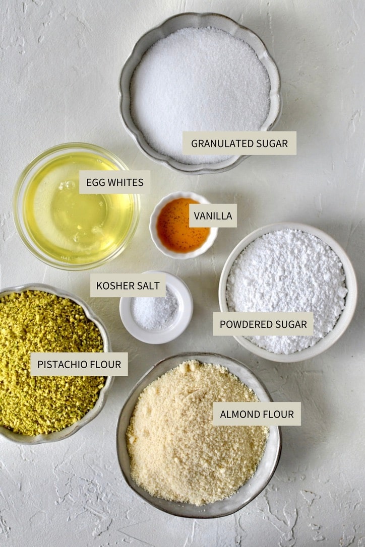 Ingredients needed to make Pistachio Amaretti Cookies.