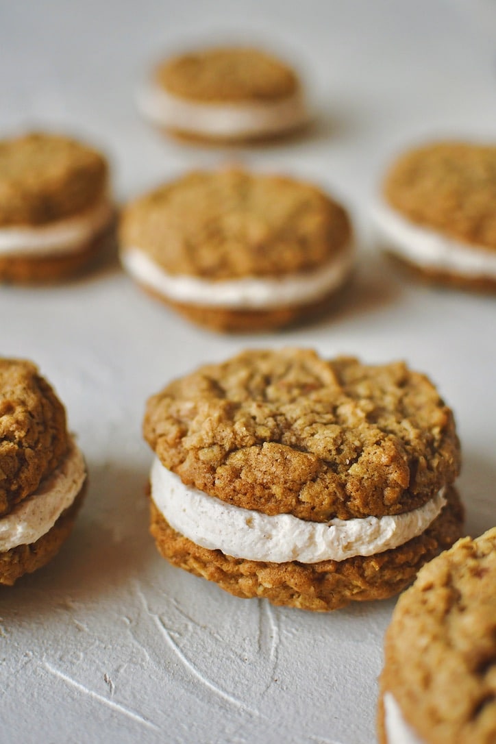 Gingerbread Oatmeal Cream Pies sandwiched together and ready to eat.