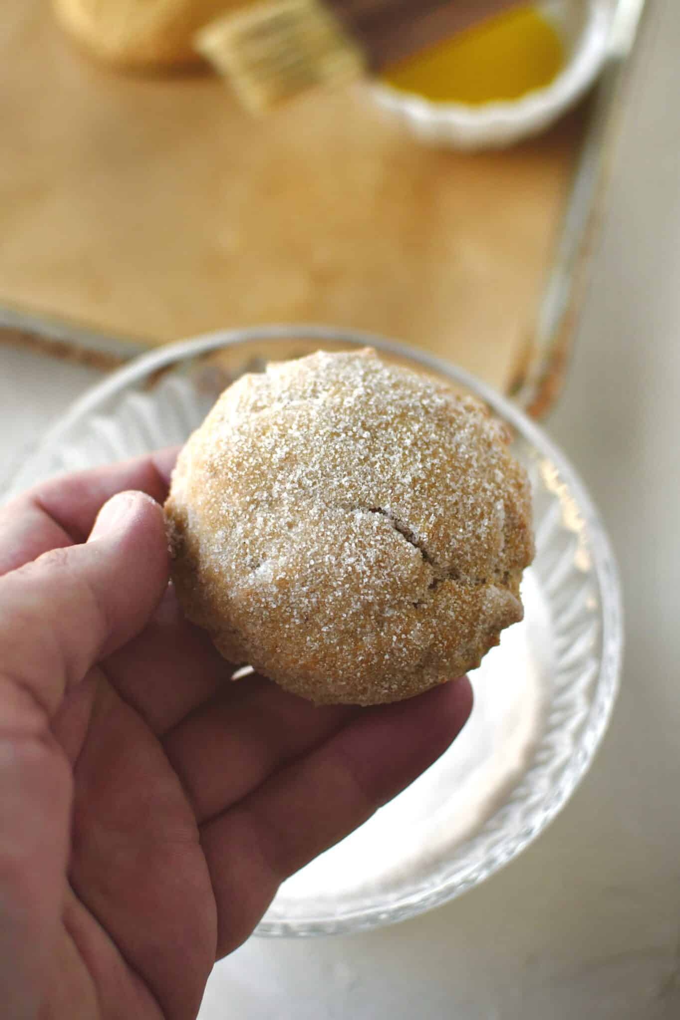 Whoopie pie that has been buttered and dipped in sugar.