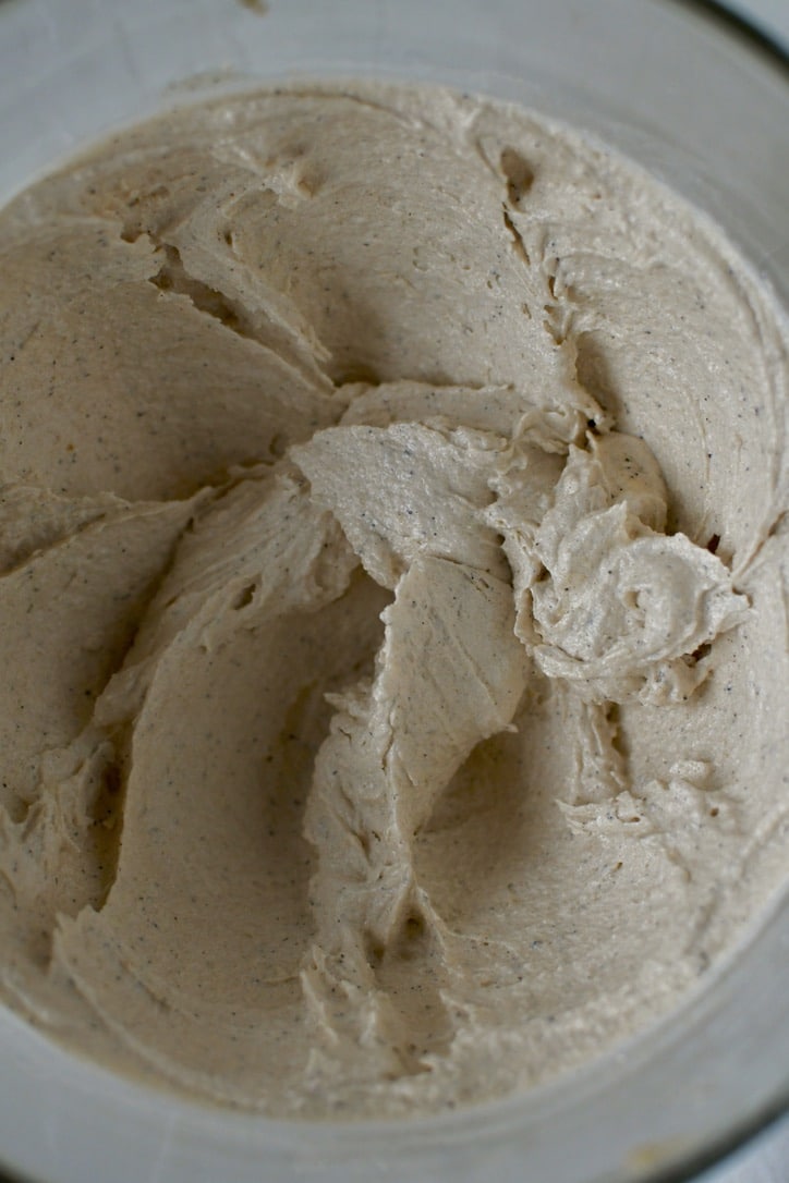 Creamed brown butter and sugars in the stand mixer bowl.