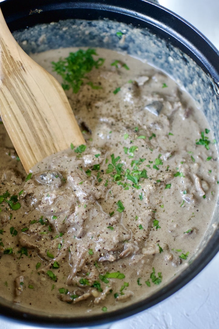 Finished beef stroganoff in the pot after adding the shredded beef back to it and stirring in the sour cream.