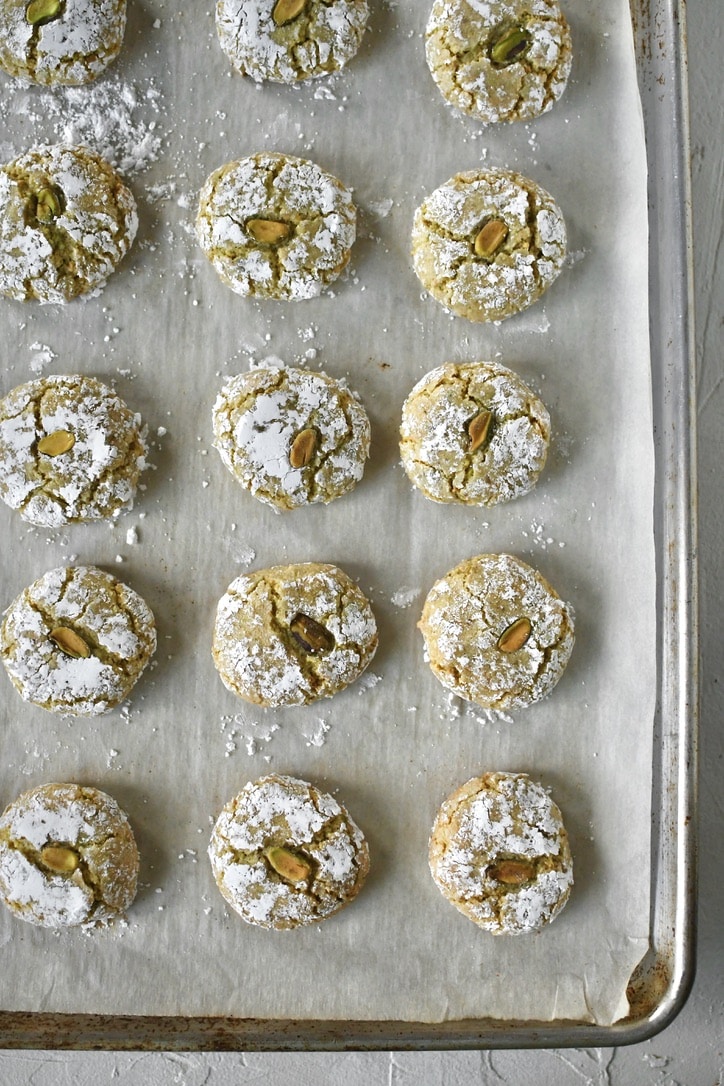 Pistachio Amaretti Cookies just after coming out of the oven.