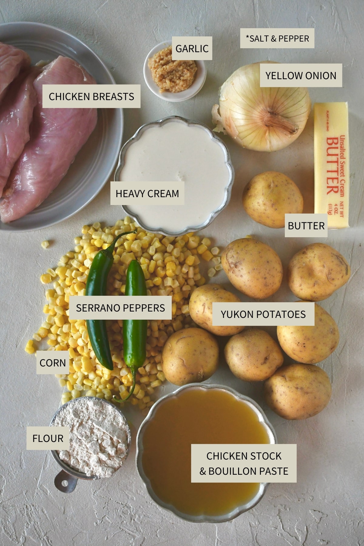 Ingredients needed to make Chicken Corn Chowder.