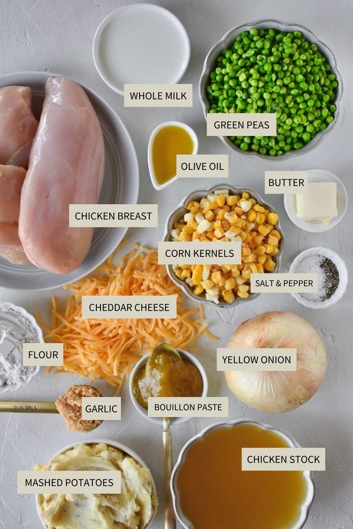 Ingredients needed to make Chicken Shepherd’s Pie.