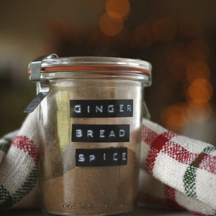 Gingerbread Spice that has been blended and placed in a glass storage container.