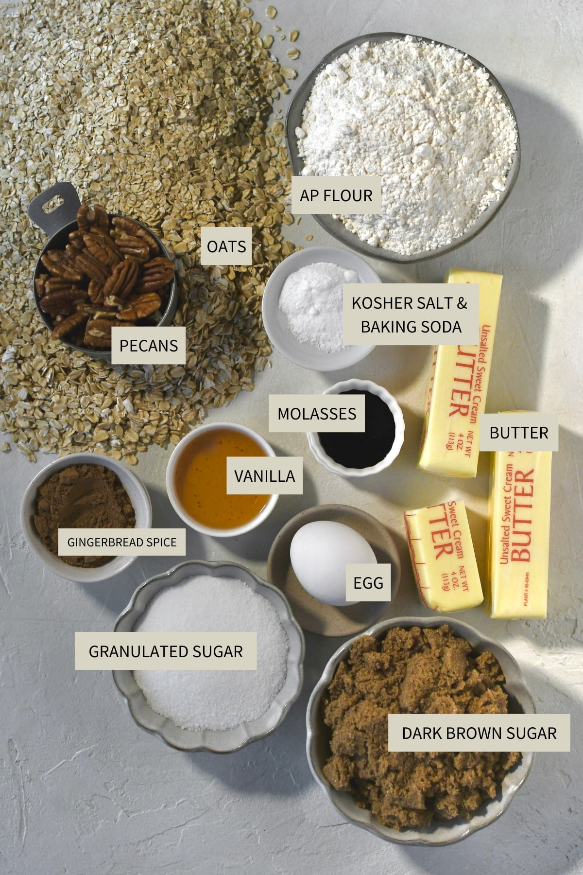Ingredients needed to make Gingerbread Oatmeal Cream Pies.