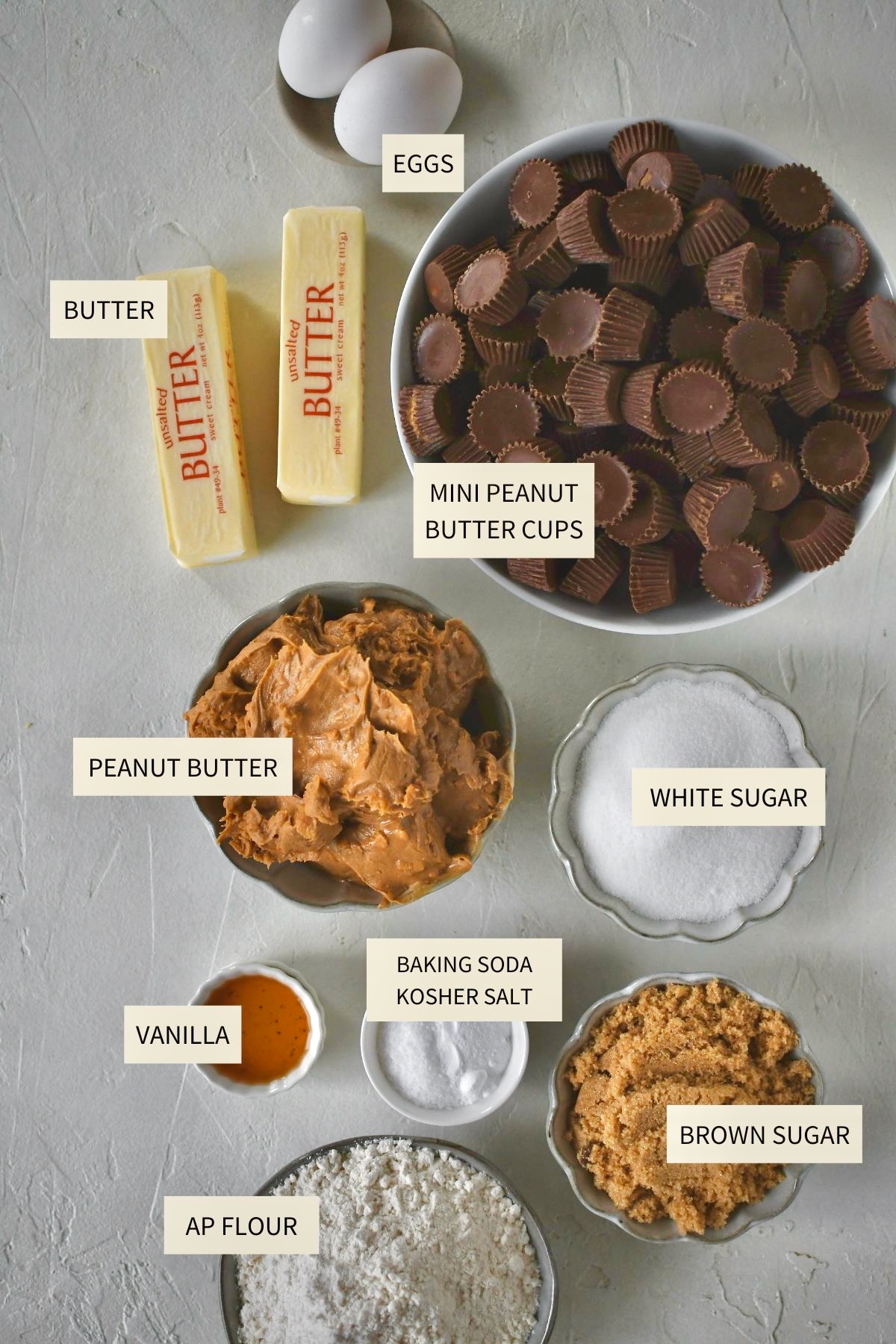 Ingredients needed to make Peanut Butter Cup Cookies.