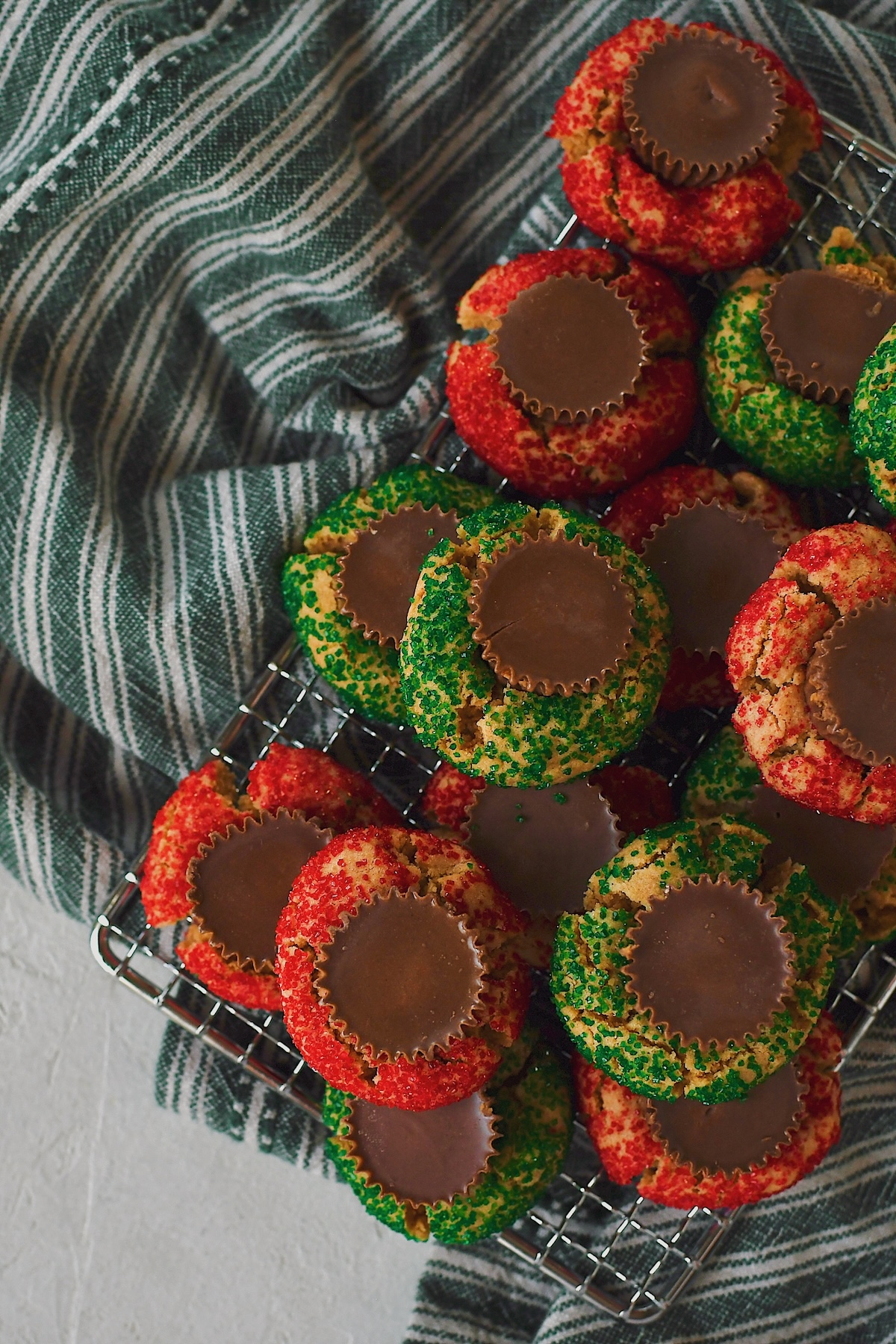 Looking down at a tray of peanut butter cup cookies.