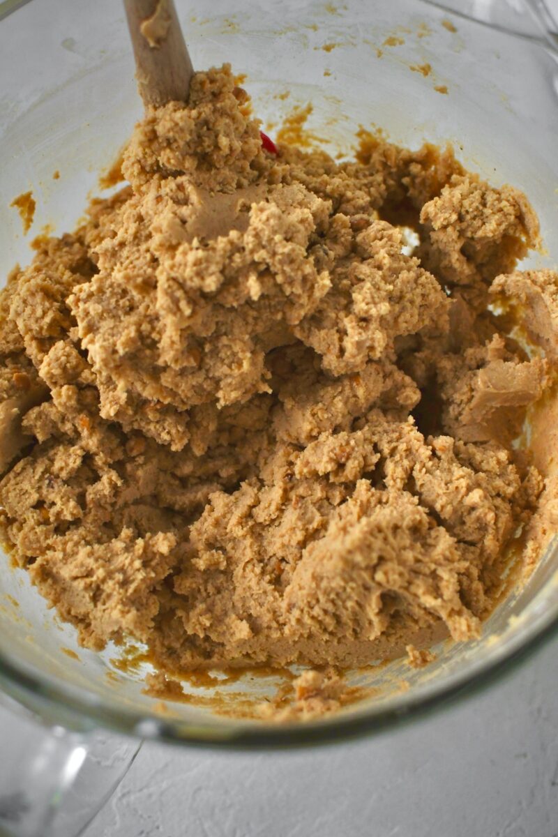 Dry ingredients worked into the creamed butters and sugars.