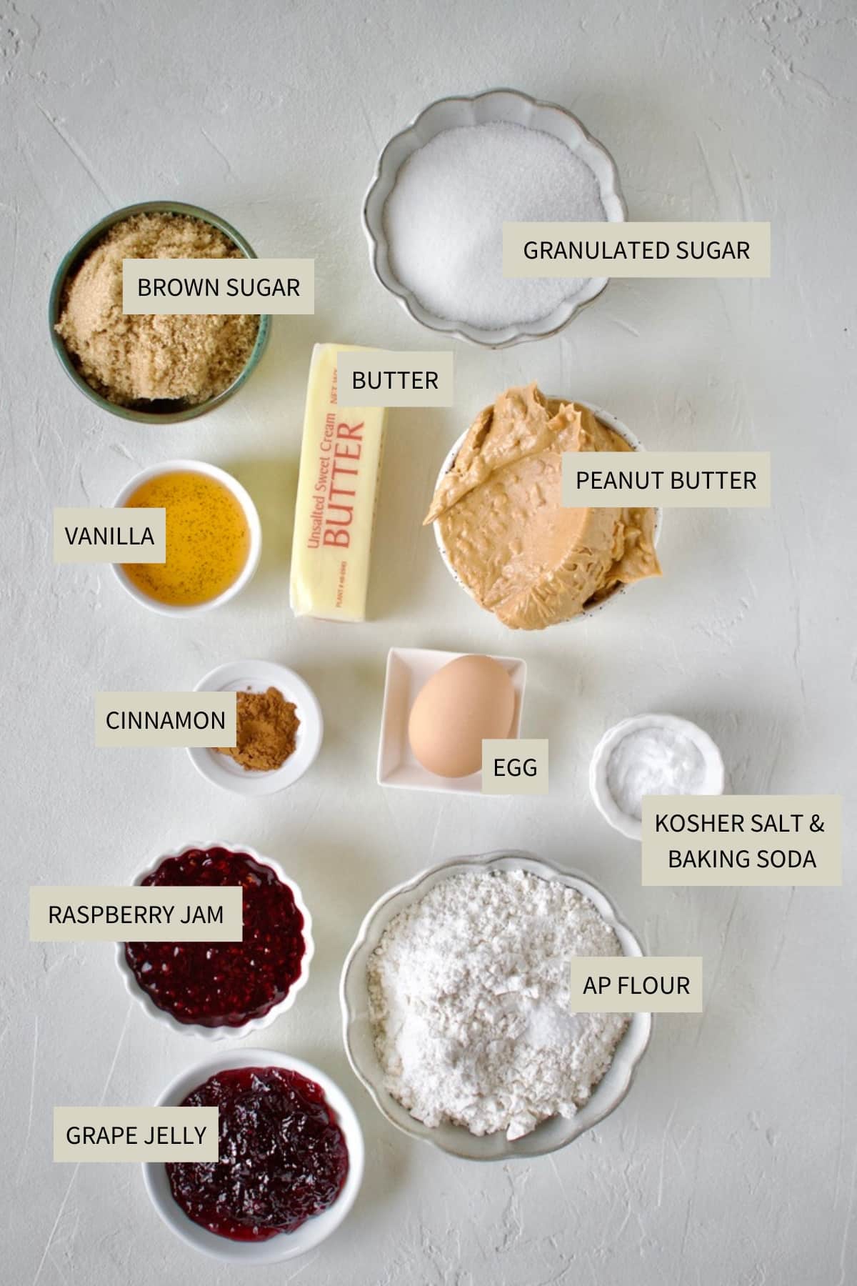 Ingredients needed to make Peanut Butter and Jelly Cookies.