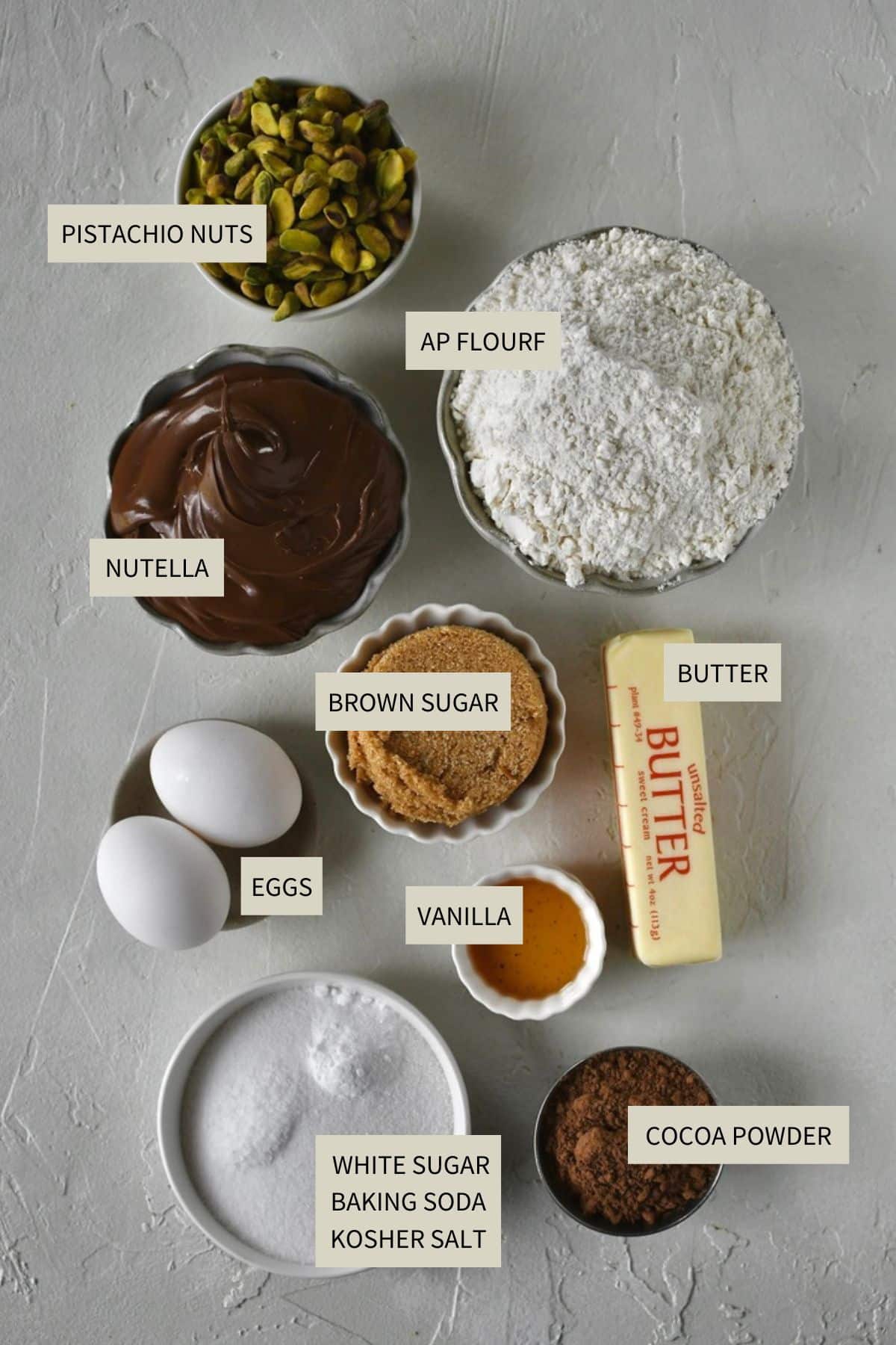 Ingredients needed to make Pistachio Cookies with Nutella.