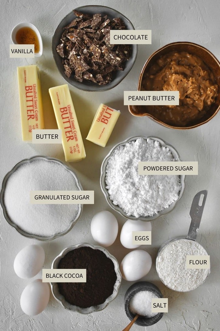 Ingredients needed to make Peanut Butter Brownies.