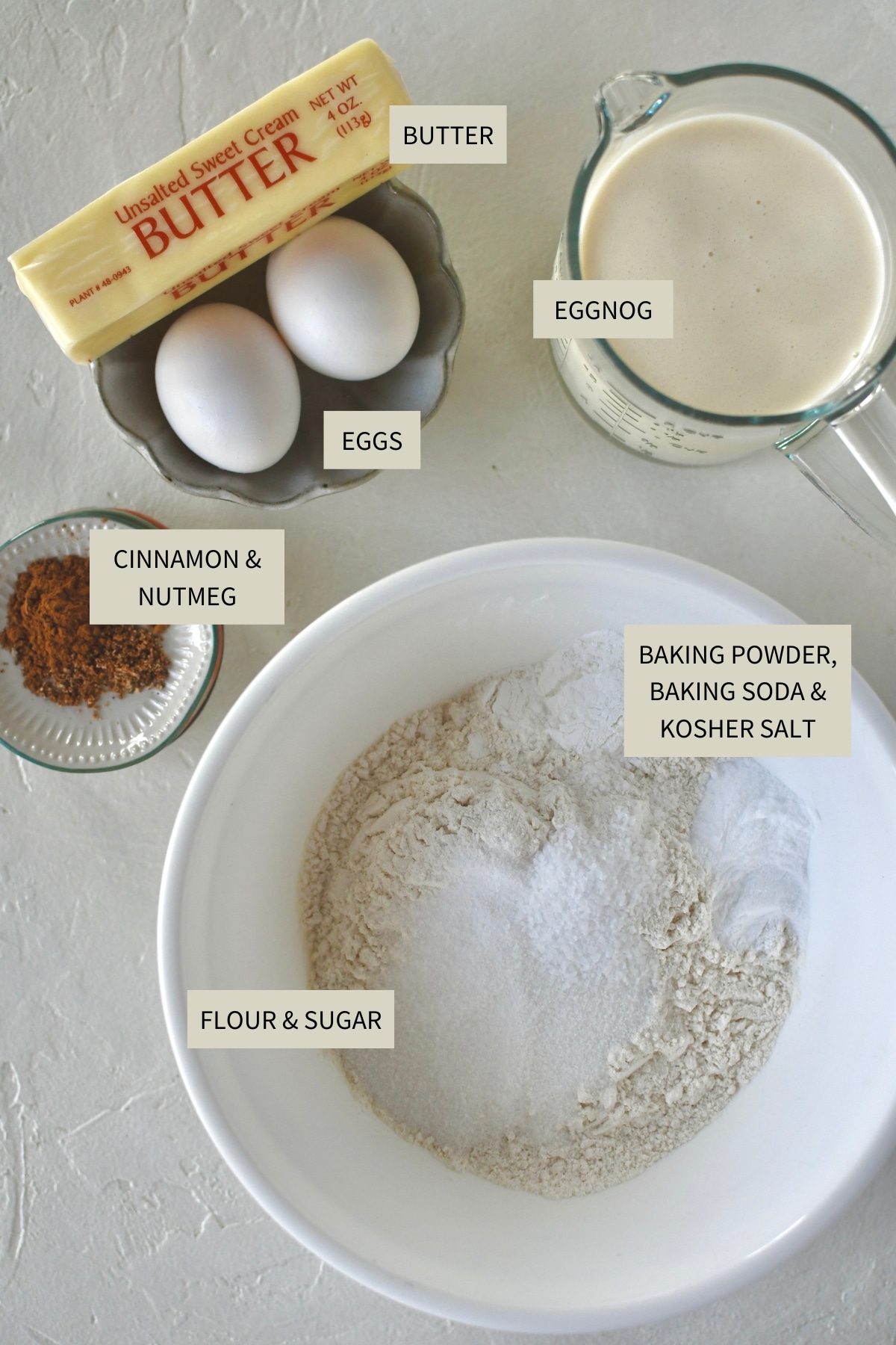 Ingredients needed to make Eggnog Pancakes.