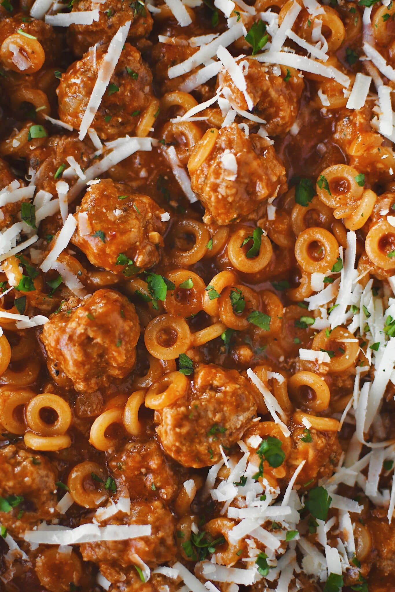 Homemade Spaghettios with meatballs in the pan ready to be served.