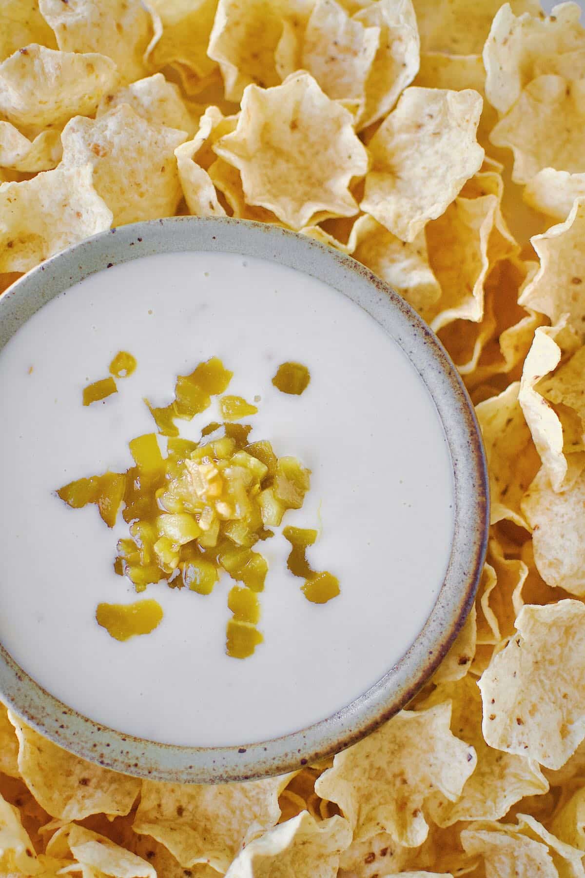 White Queso Dip in a bowl, surrounded by chips, topped with green chilis.
