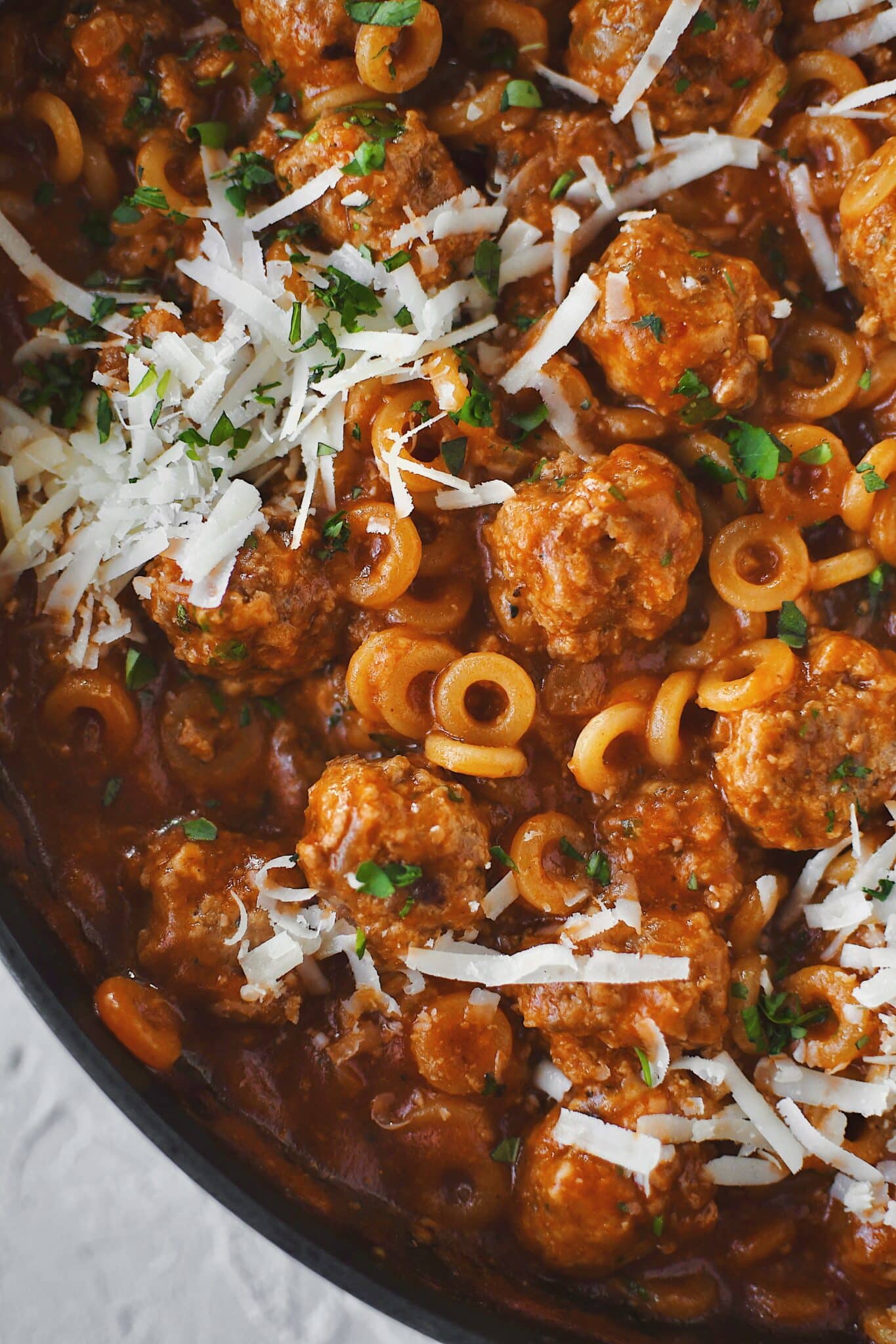 Homemade Spaghettios with meatballs in the pan ready to be served.