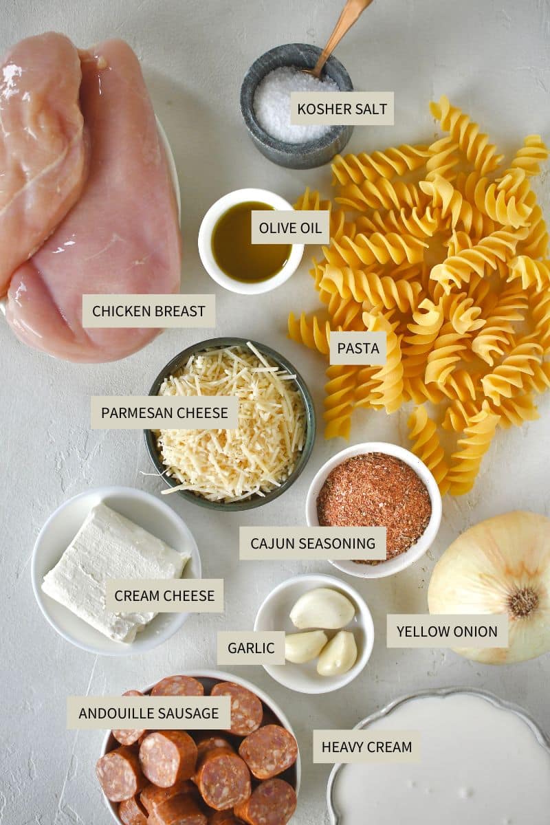 Ingredients needed to make Cajun Chicken Alfredo.