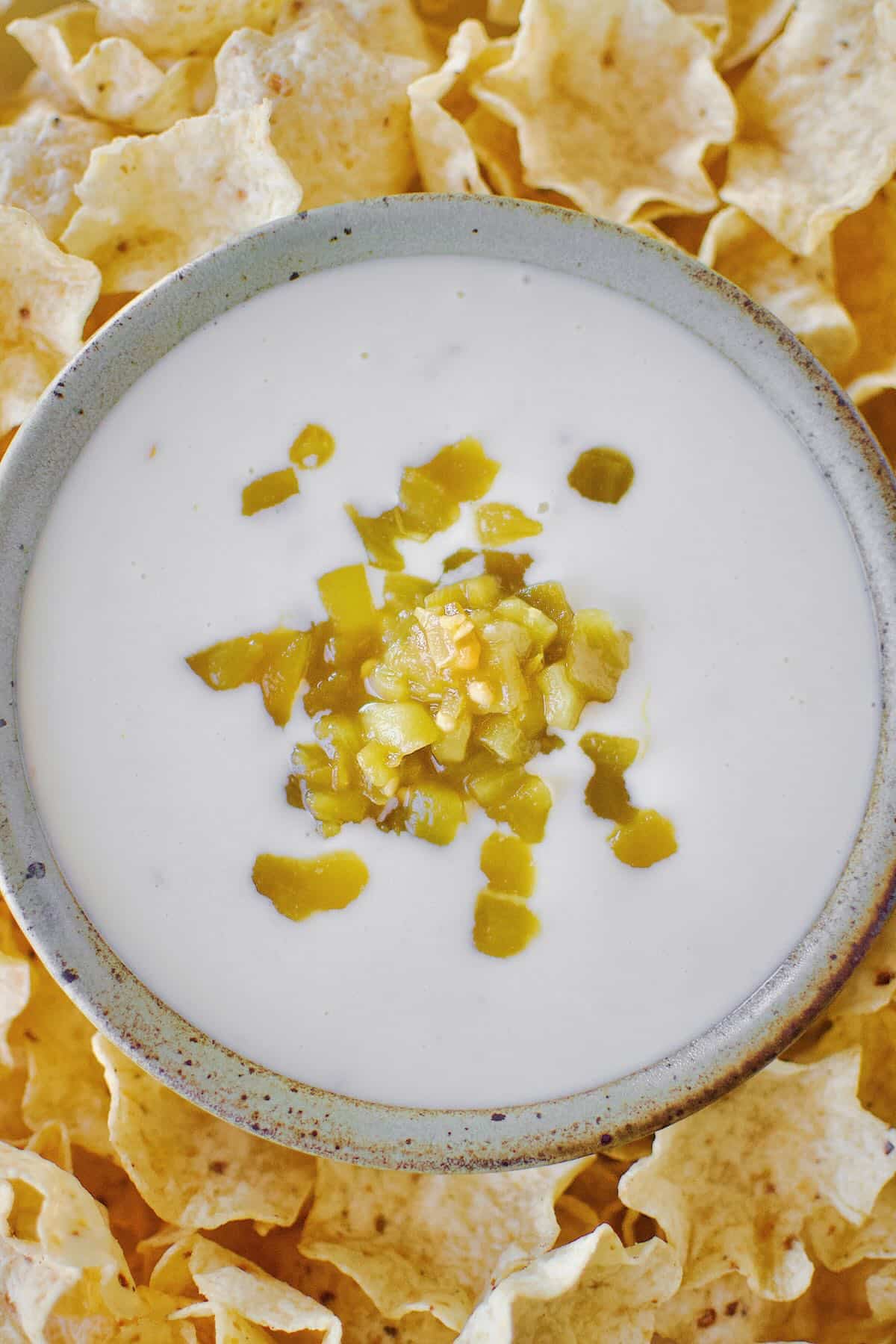 White Queso Dip in a bowl, surrounded by chips, topped with green chilis.