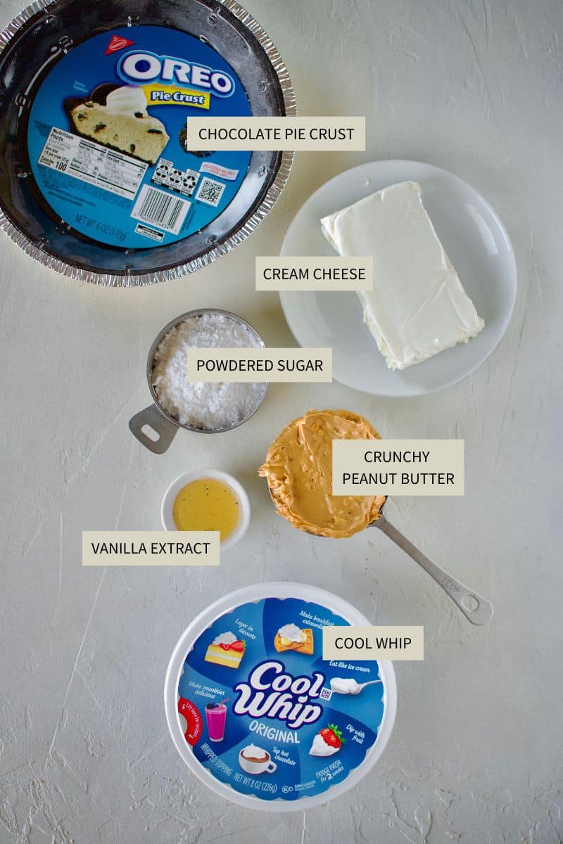 Ingredients needed to make No Bake Peanut Butter Pie.