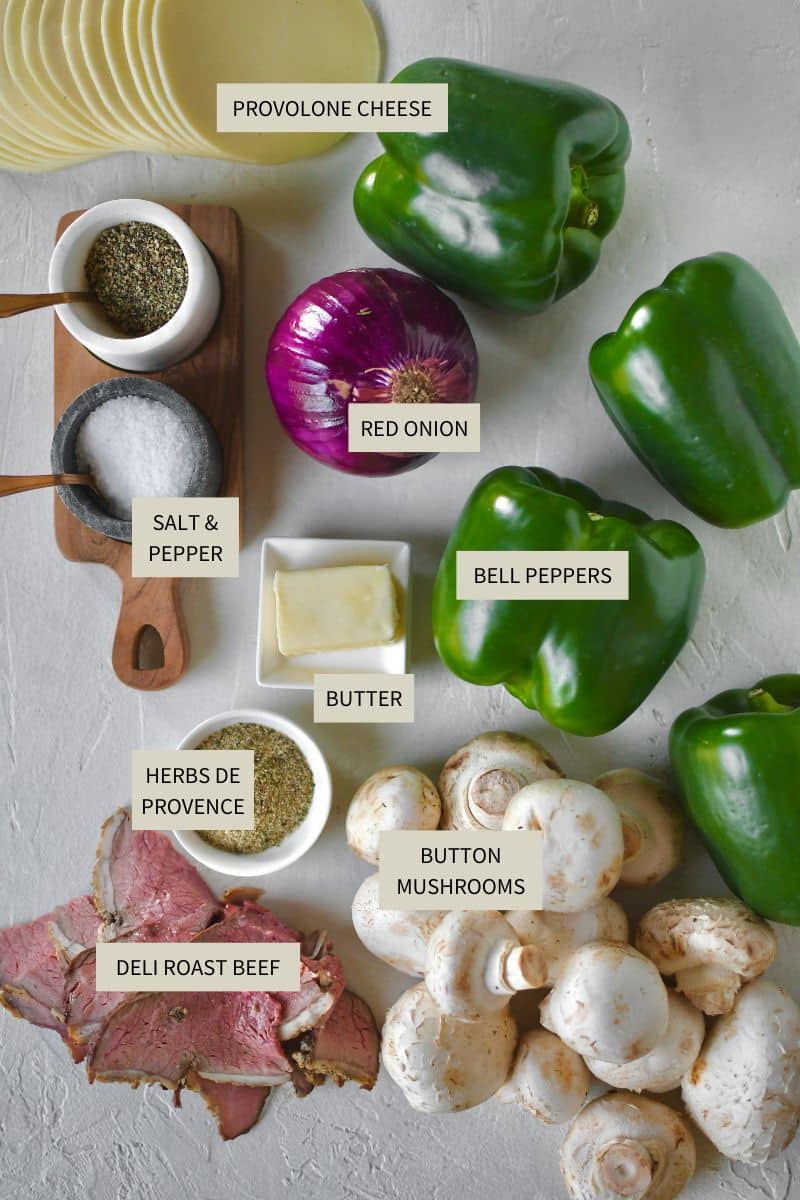 Ingredients needed to make Philly Cheesesteak Stuffed Peppers.