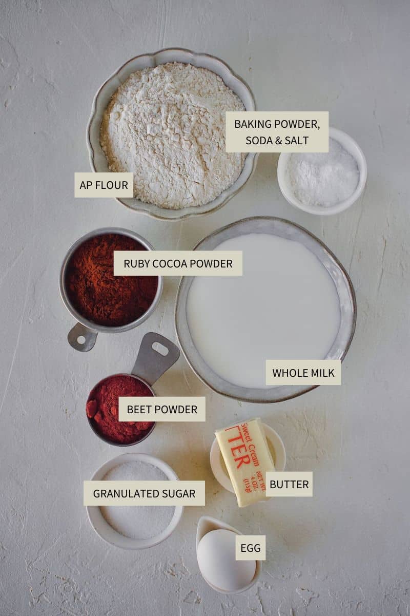 Ingredients needed to make Red Velvet Waffles.