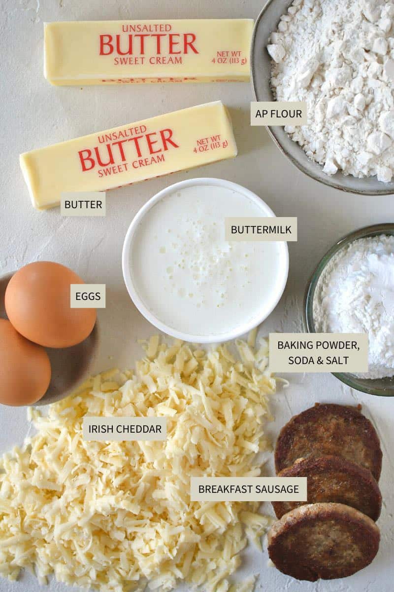 Ingredients needed to make Sausage, Egg, and Cheese Biscuits.