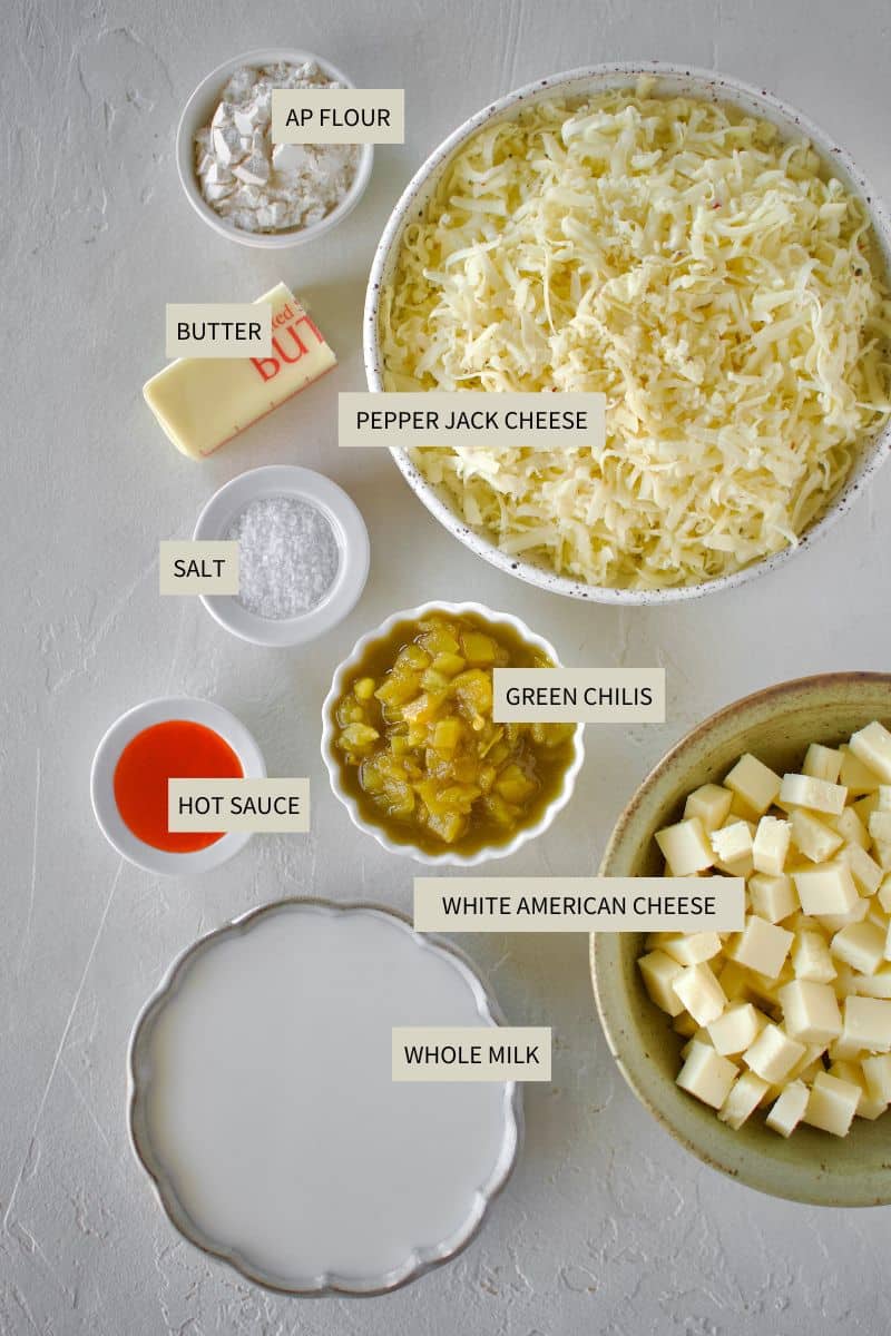 Ingredients needed to make White Queso Dip.