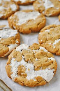 Fluffernutter Cookies fresh from the oven, topped with some flakey salt and ready to eat!